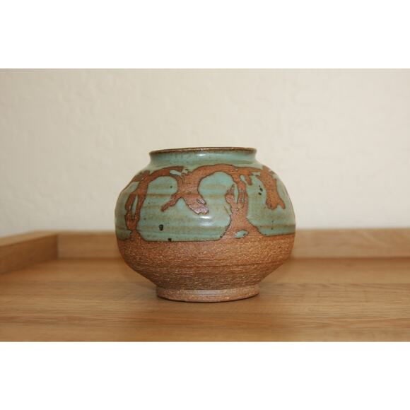 Small Vintage Studio Pottery Stoneware Glazed Pot Unsigned Turquoise Green Brown - Picture 2 of 5